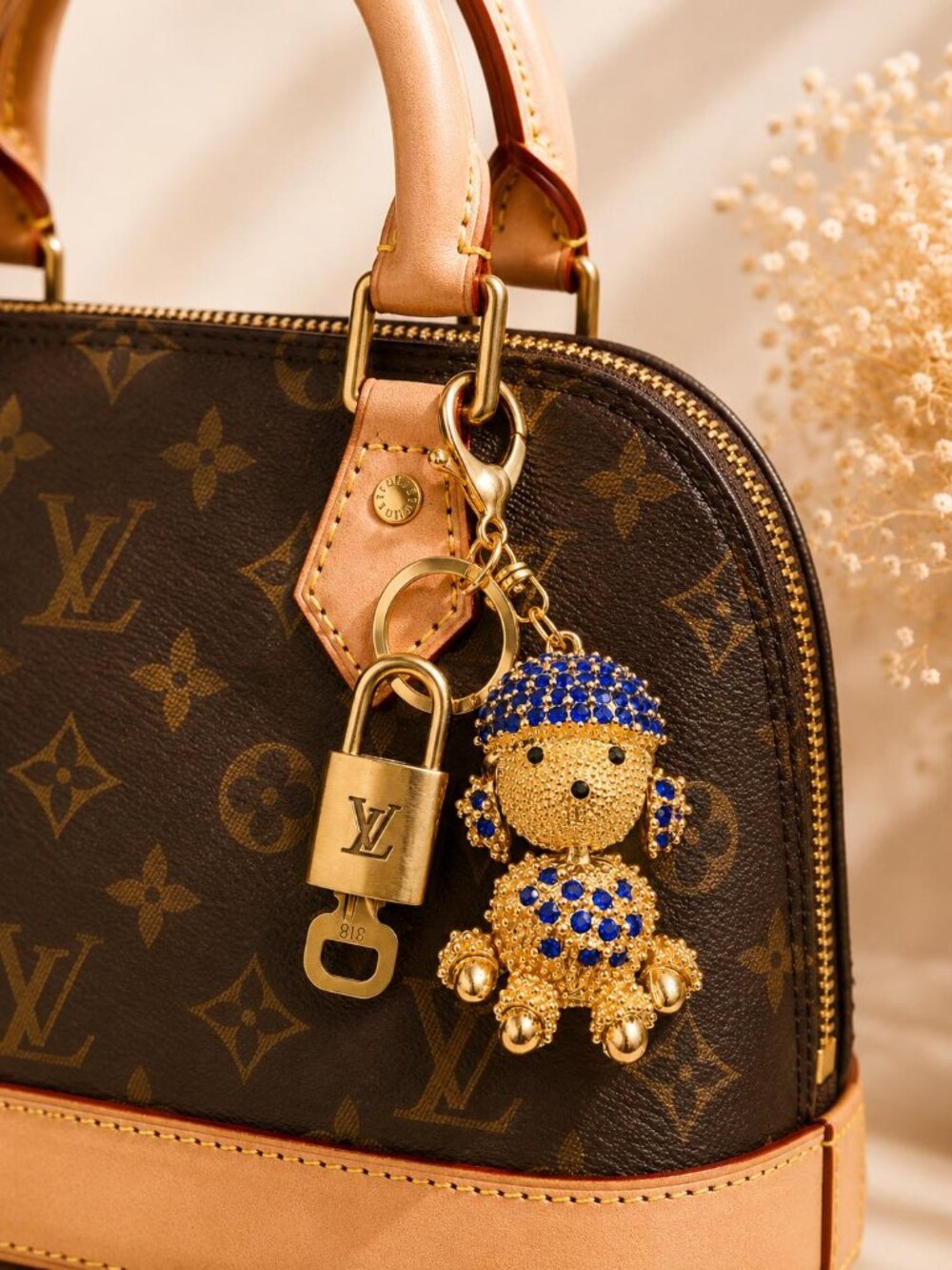 Authentic LV Gold Padlock 🔒Gold Rhinestone Poodle Dog Bag Charm Keychain